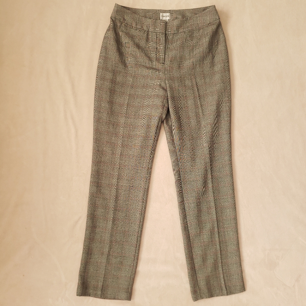 Chico's Gray Red Plaid Straight Leg Office Trouser Dress Pants